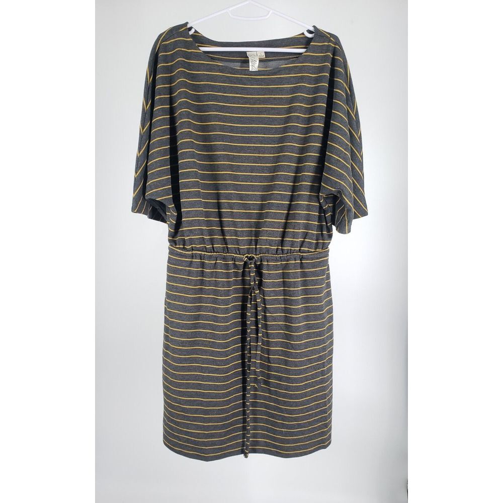 Emma & Michele Sz L Short Sleeve Striped Yellow Sheath Shift Stretch Drawstring